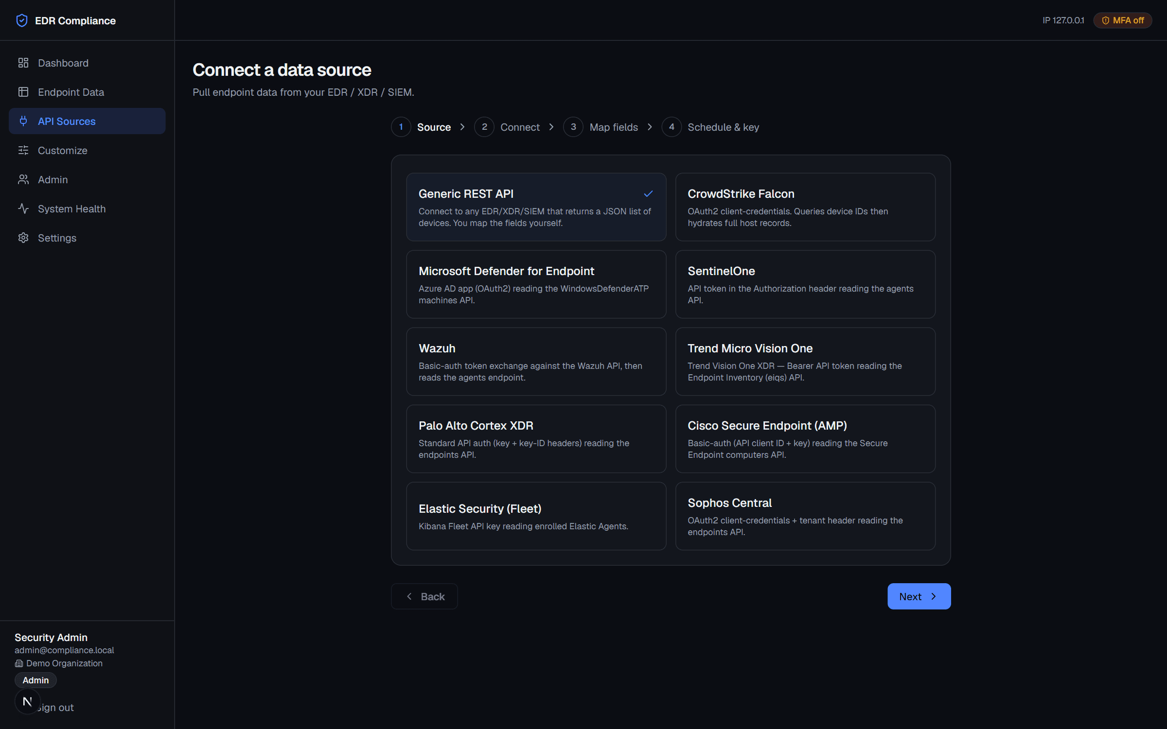 Vendor integrations — EDR Compliance Dashboard